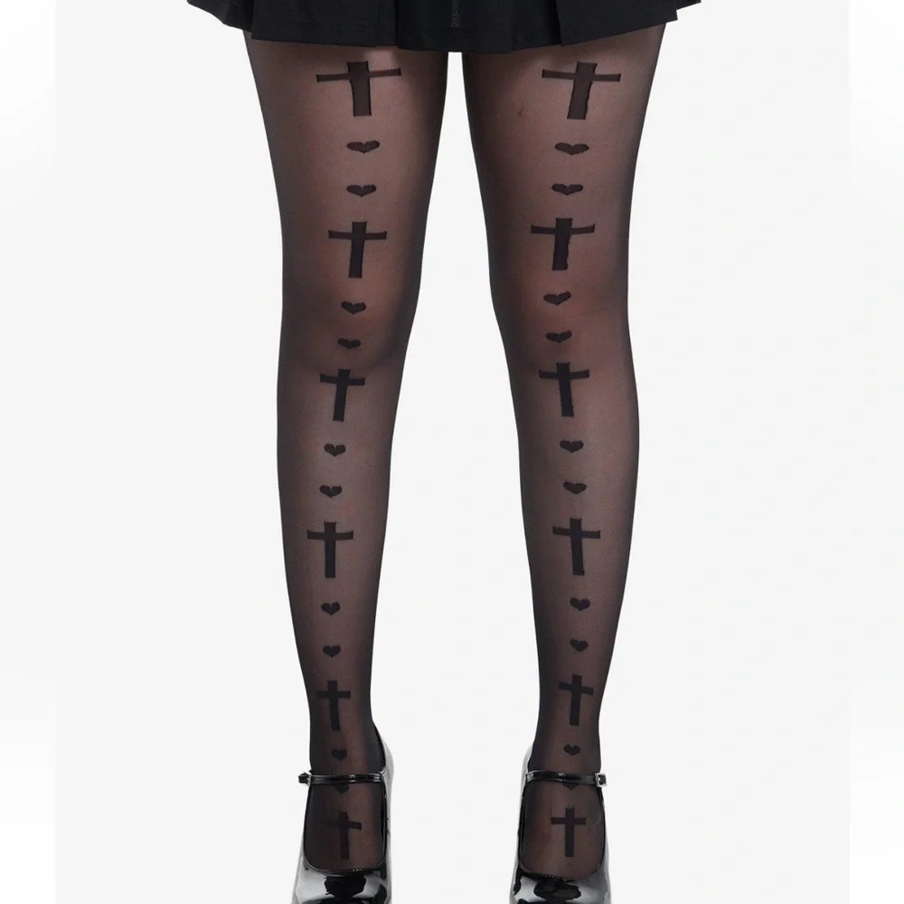 Black Cross & Heart Tights Hot Topic‎